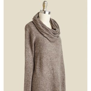 Beige assymetrical hem cowl neck sweater